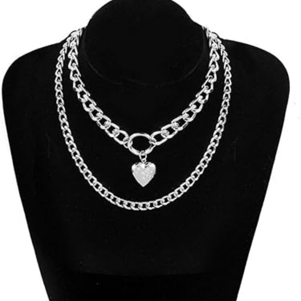Punk Chain Silver Statement Collar Necklace Chunky Fashion‎ Elegant w Heart